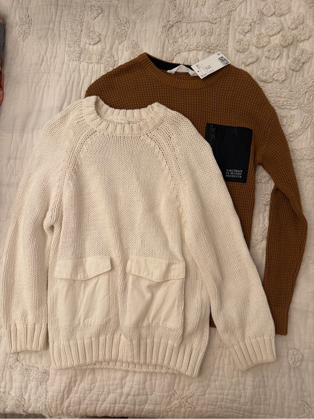 Boys Cream Chunky Knit Sweater & Brown Waffle Knit Sweater Duo